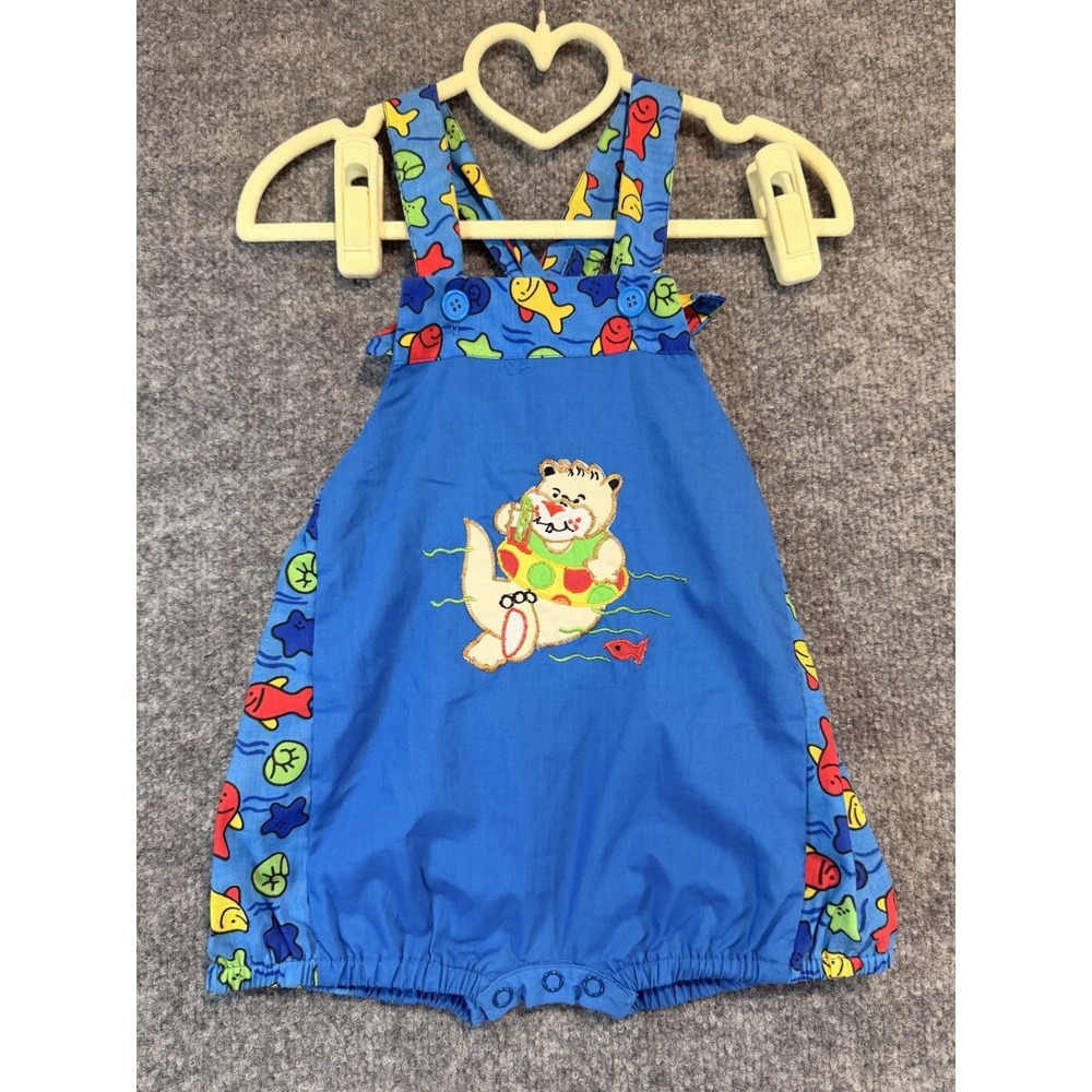 Vintage 90s Baby Boy Girl Bubble Romper Blue Sea Otter Fish Sunsuit Snaps